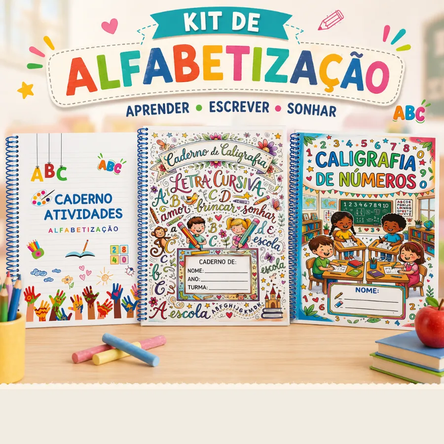 Kit completo de alfabetização com caderno de caligrafia, domino silábico e jogos